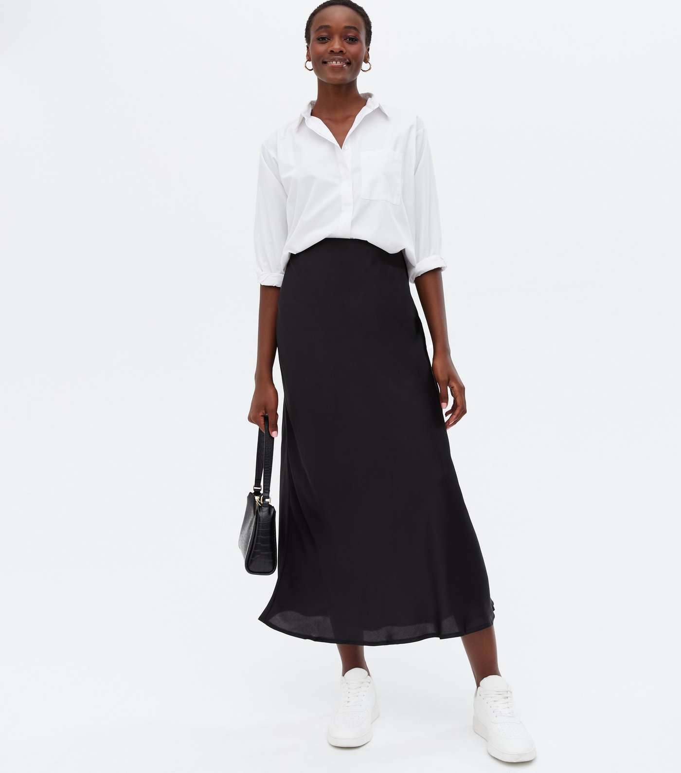 Tall Black Satin Bias Cut Midi Skirt