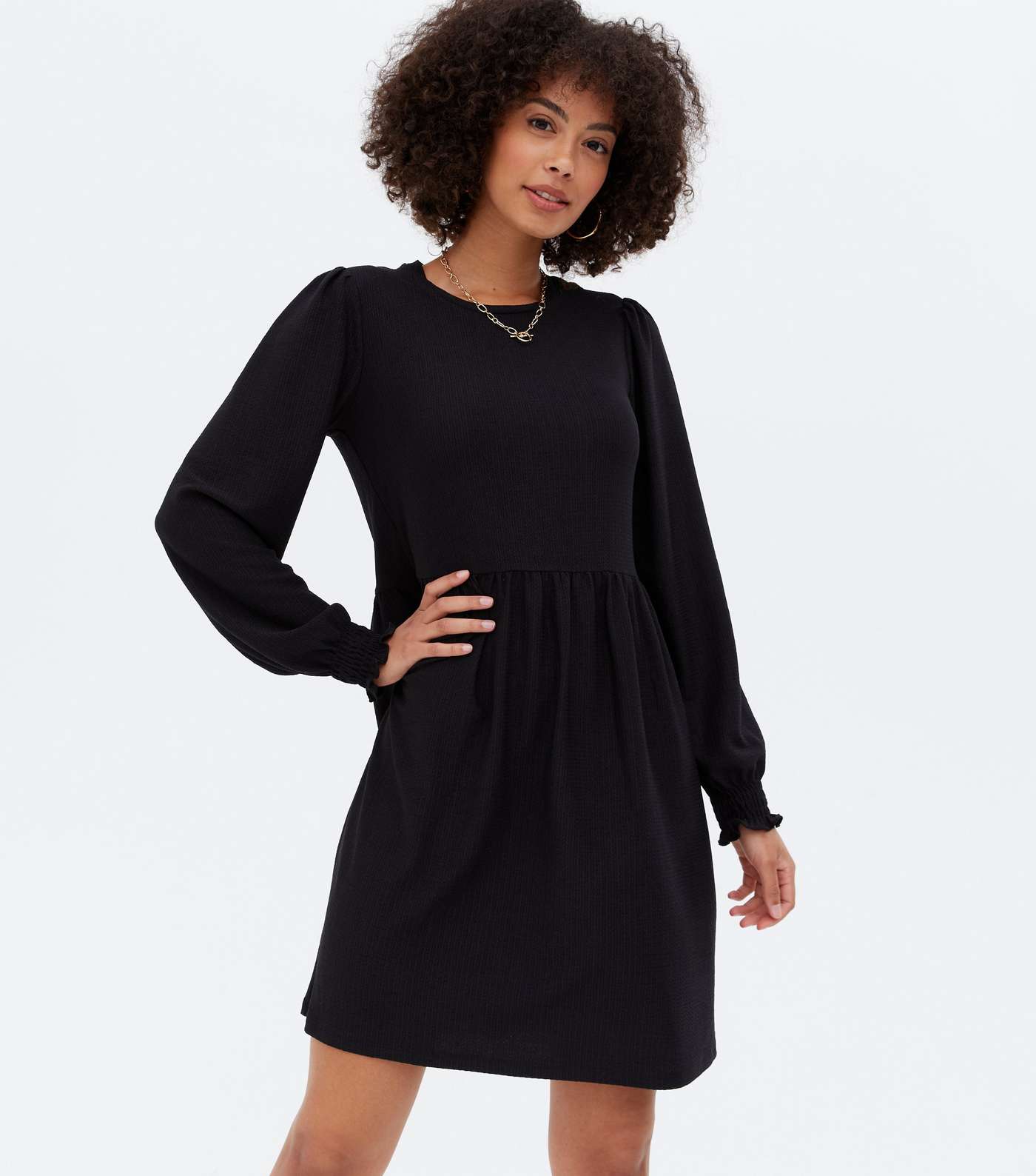 Tall Black Crinkle Jersey Long Sleeve Mini Oversized Smock Dress Image 2