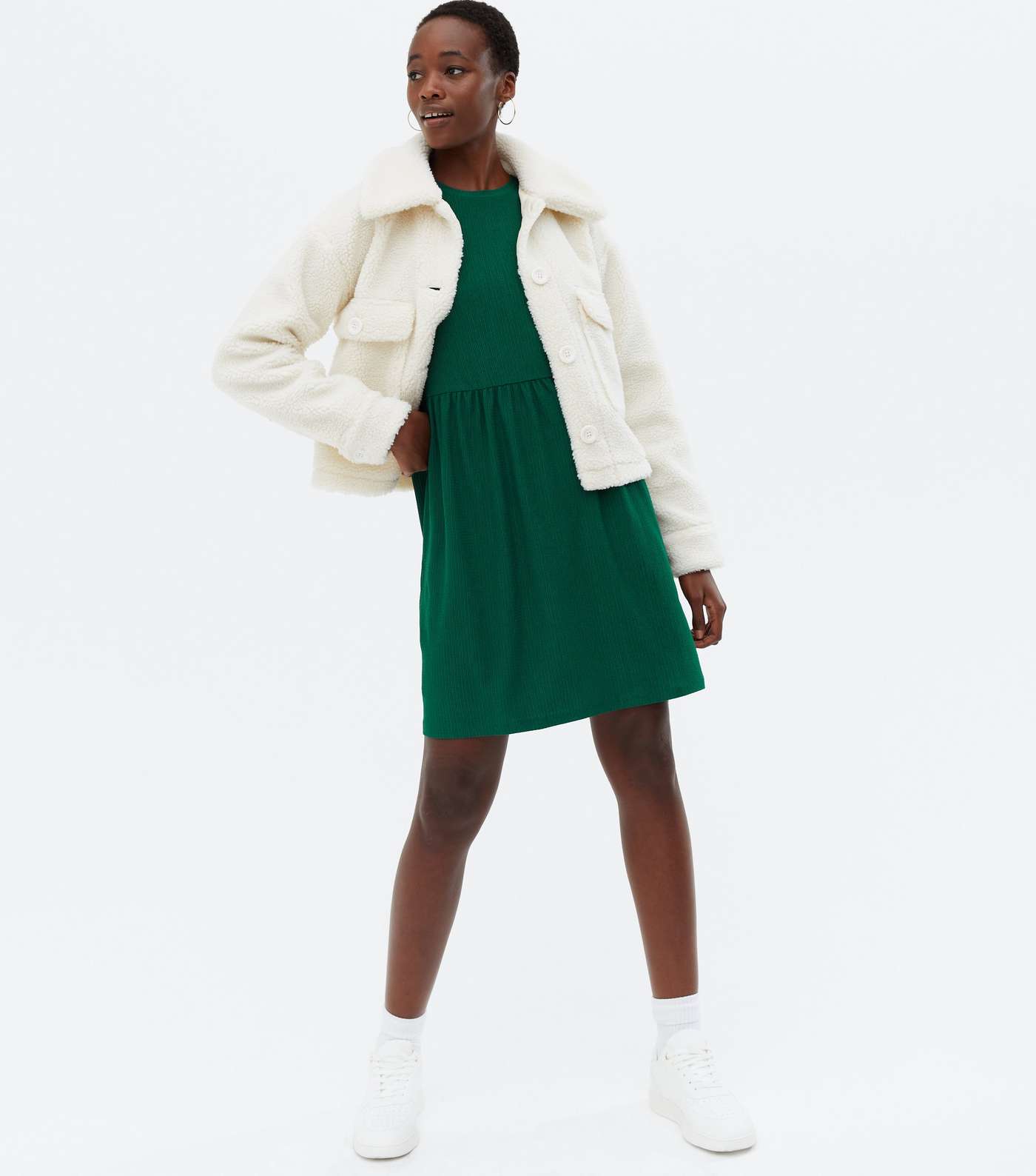 Tall Green Crinkle Jersey Long Sleeve Mini Oversized Smock Dress Image 2