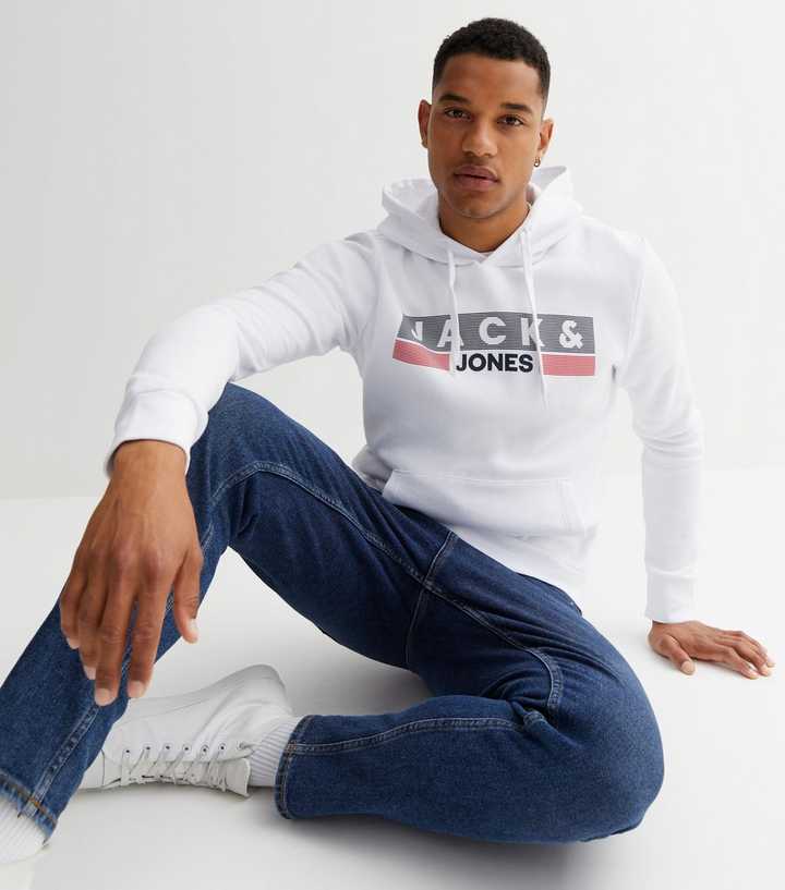 Jack u0026 Jones White Pocket Front Logo Hoodie | New Look