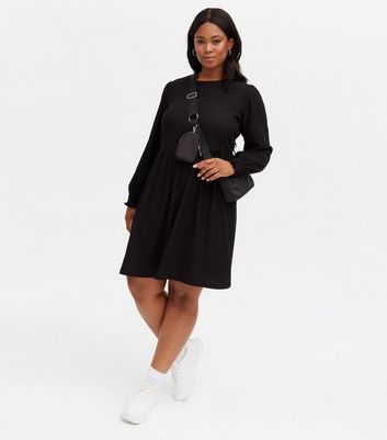 Curves Black Crinkle Jersey Long Sleeve Mini Oversized Smock Dress New Look