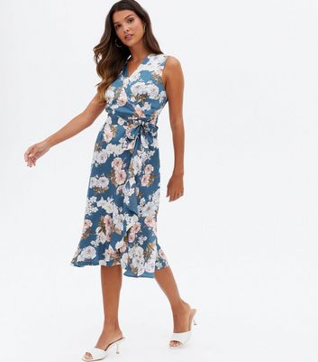 Mela Pale Blue Floral Satin Ruffle Midi Wrap Dress New Look