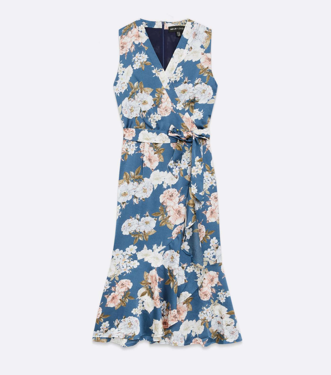 Mela Pale Blue Floral Satin Ruffle Midi Wrap Dress Image 5