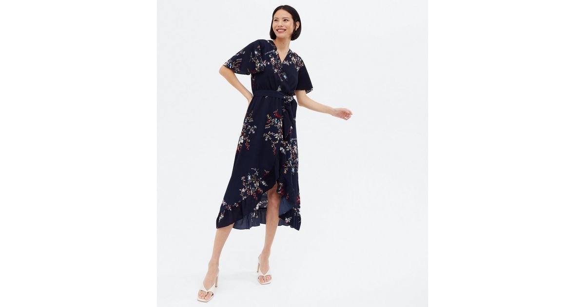 Mela Black Floral Wrap Over Dipped Hem Midi Dress