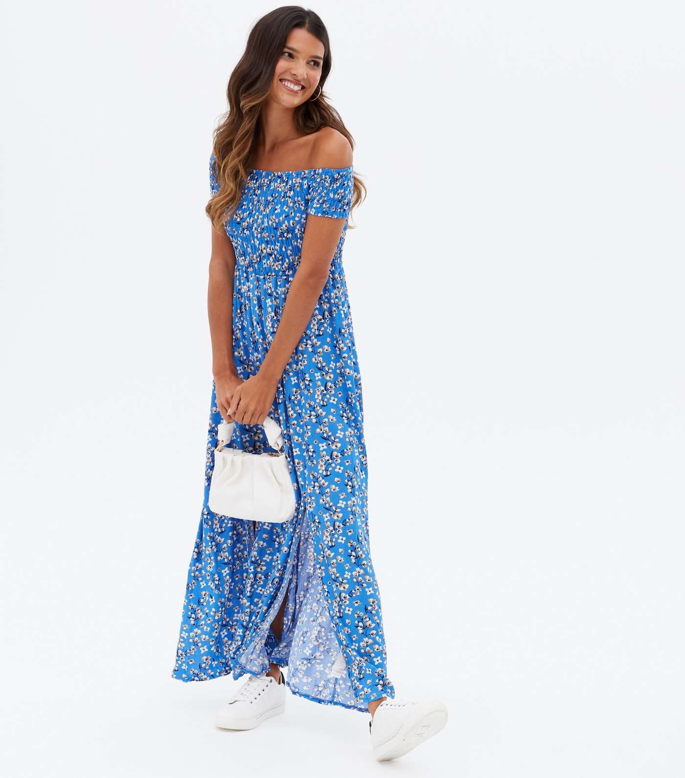 Mela Bright Blue Ditsy Floral Bardot Maxi Dress Image 2