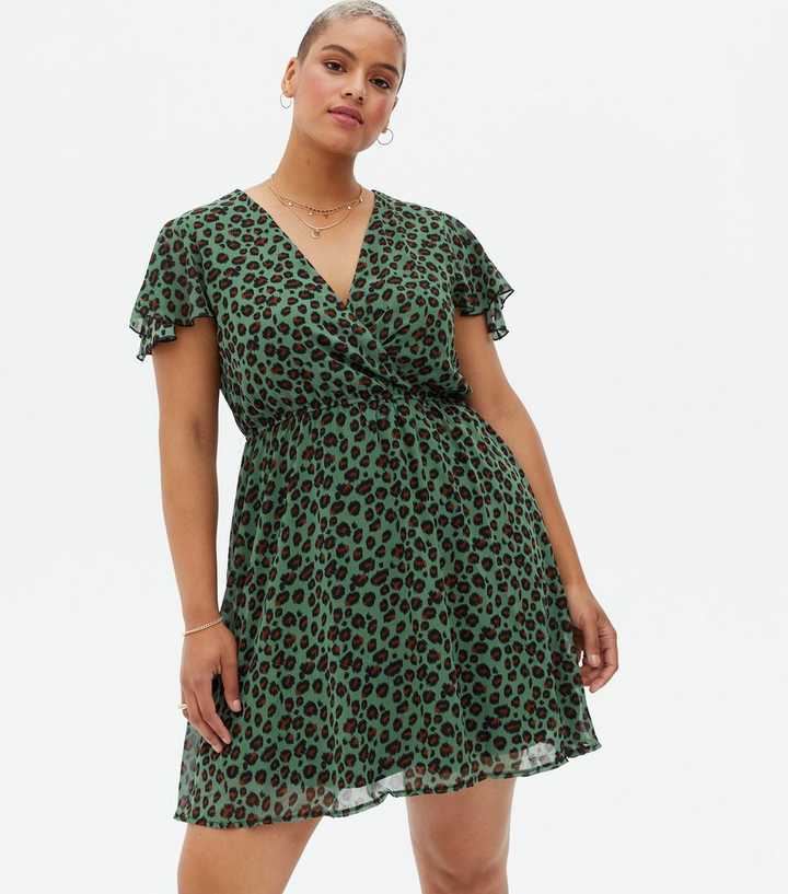Mela Curves Green Leopard Print Chiffon Skater Dress
