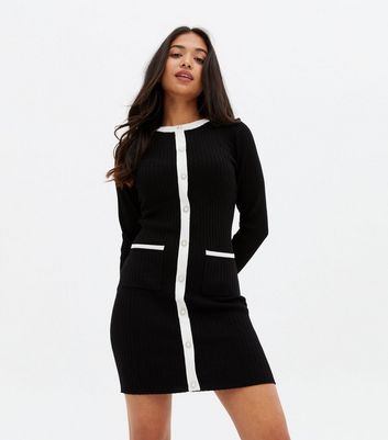 Petite Black Ribbed Knit Button Mini 