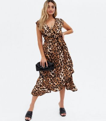 Petite Brown Leopard Print Ruffle Midi Wrap Dress New Look