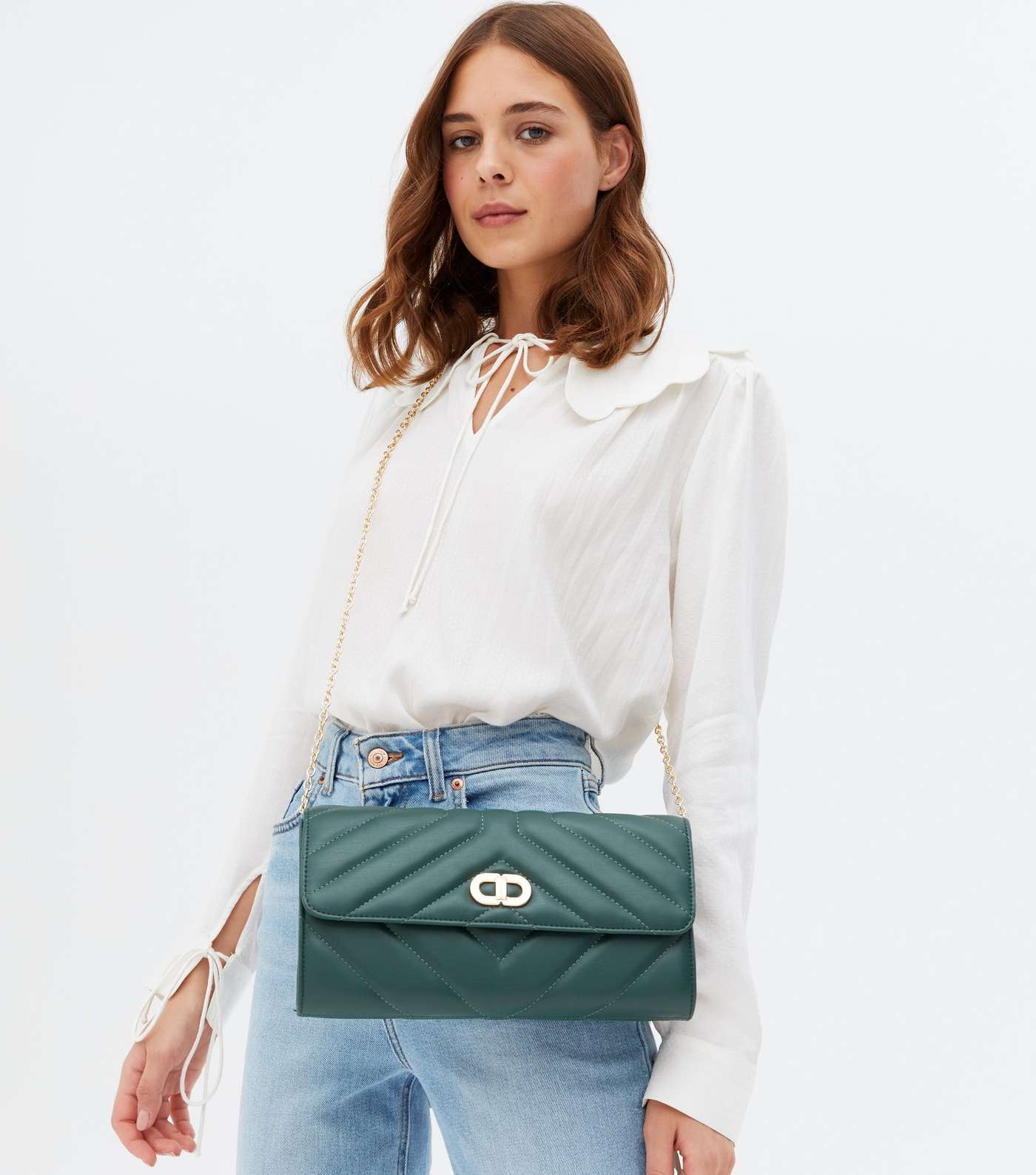 Green Quilted Cross Body Chain Clutch Bag Image 3