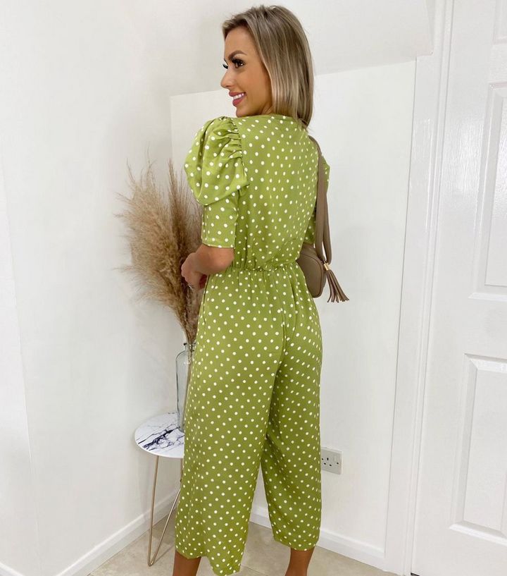 Ax Paris Light Green Spot Wrap Crop Jumpsuit New Look