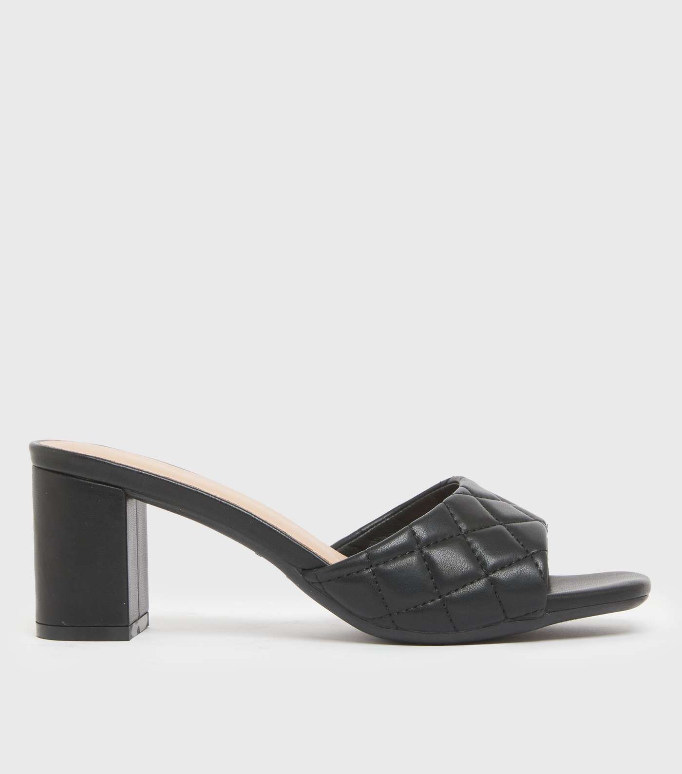 Black Quilted Leather-Look Block Heel Mules