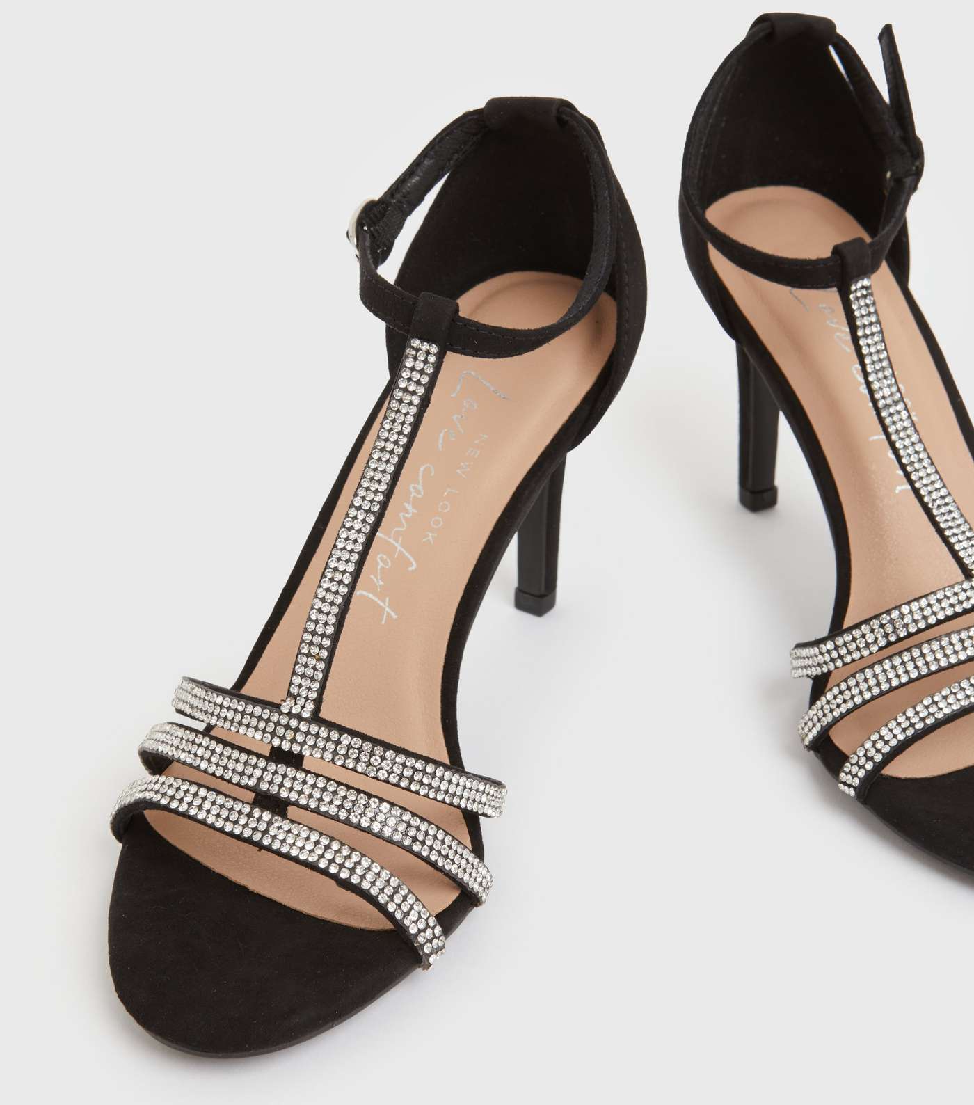 Black Diamanté Strappy T Bar Stiletto Heel Sandals Image 3
