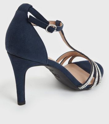 Navy Diamante Strappy T Bar Stiletto Heel Sandals New Look