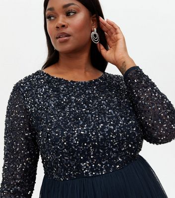 Maya Curves Navy Chiffon Sequin Maxi Dress New Look