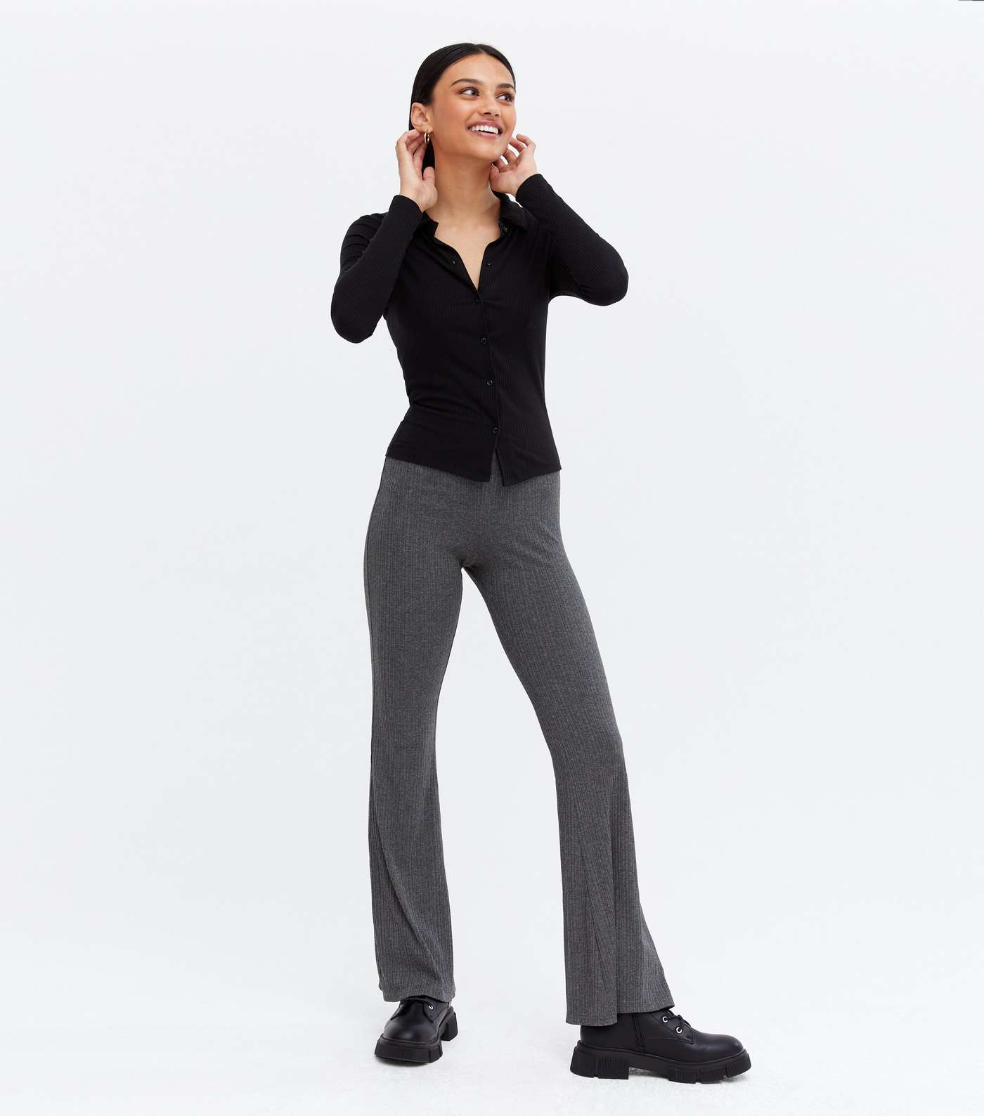 Dark Grey Ribbed Flared Trousers Image 2