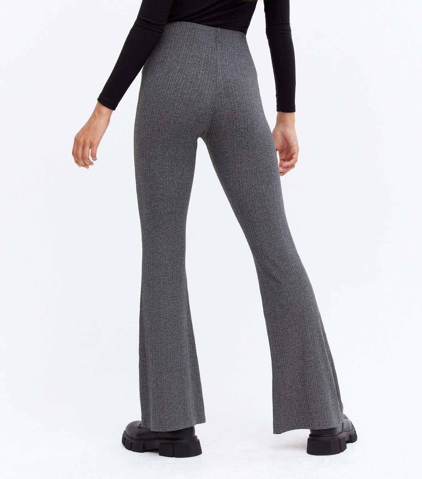 Dark Grey Ribbed Flared Trousers Image 4
