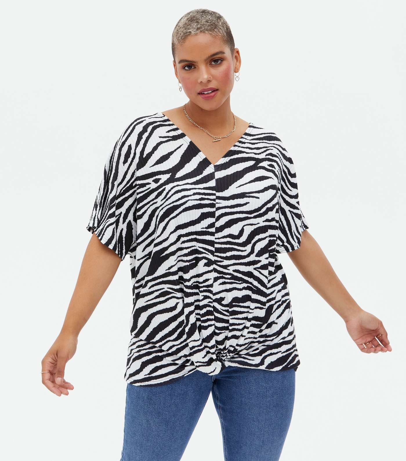 Curves White Zebra Print Ribbed Twist Front T-Shirt