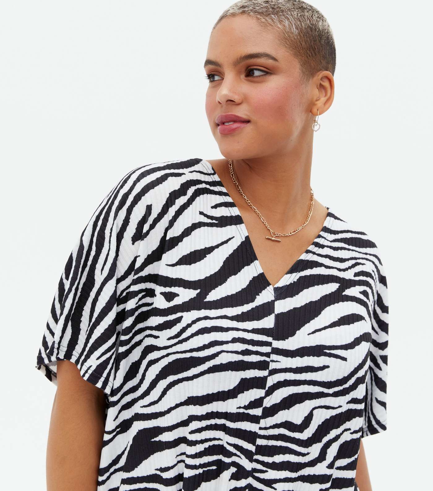 Curves White Zebra Print Ribbed Twist Front T-Shirt Image 3