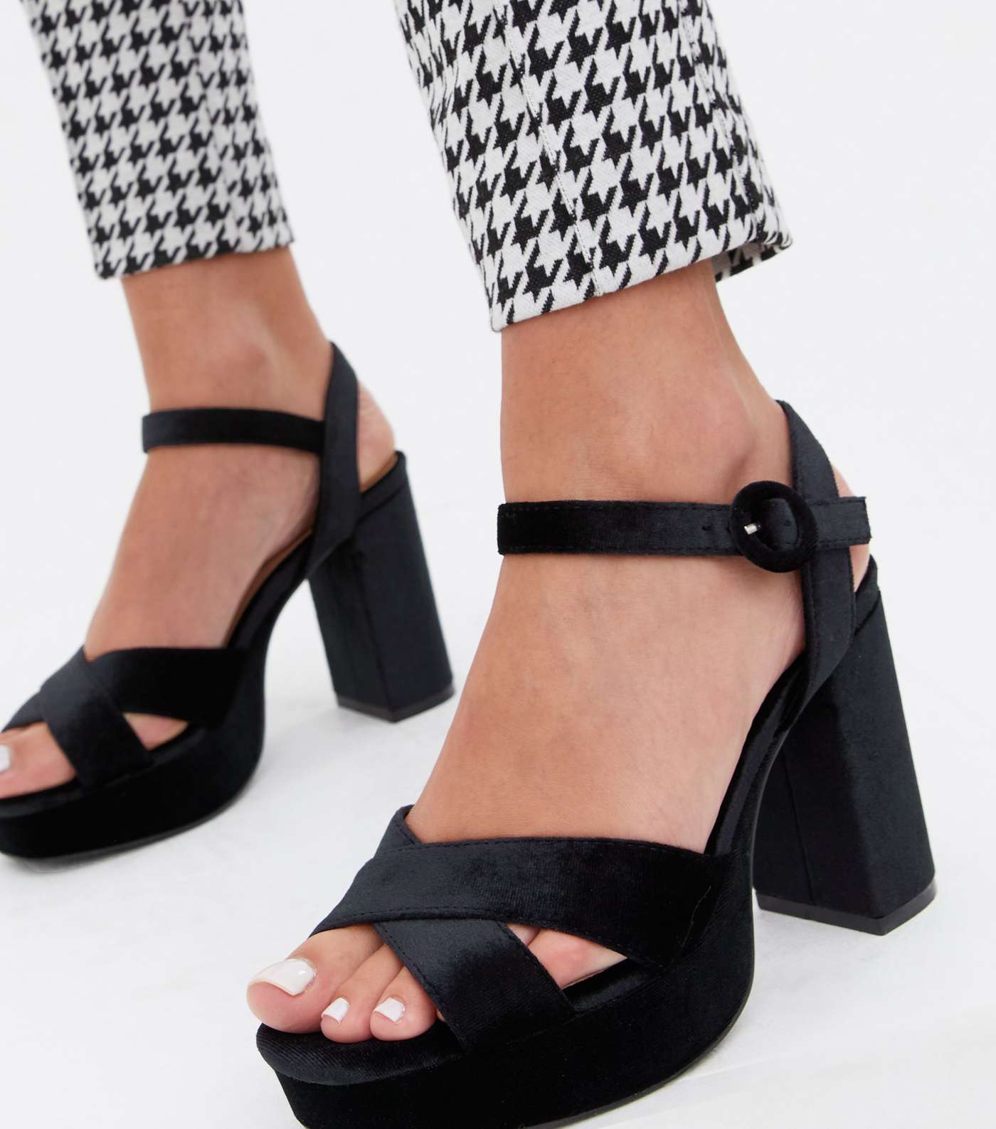 Black Velvet Platform Block Heel Sandals Image 2