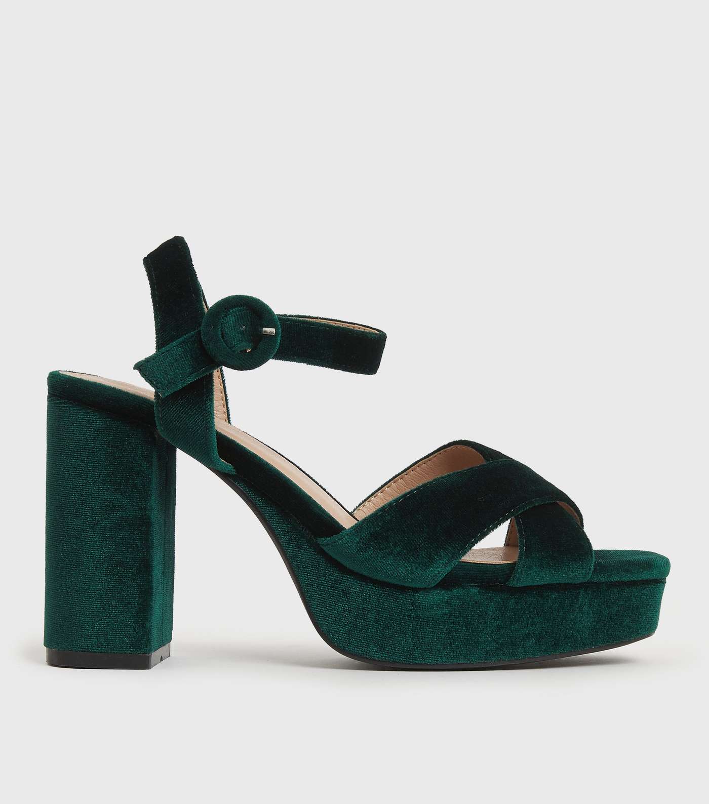 Dark Green Velvet Platform Block Heel Sandals