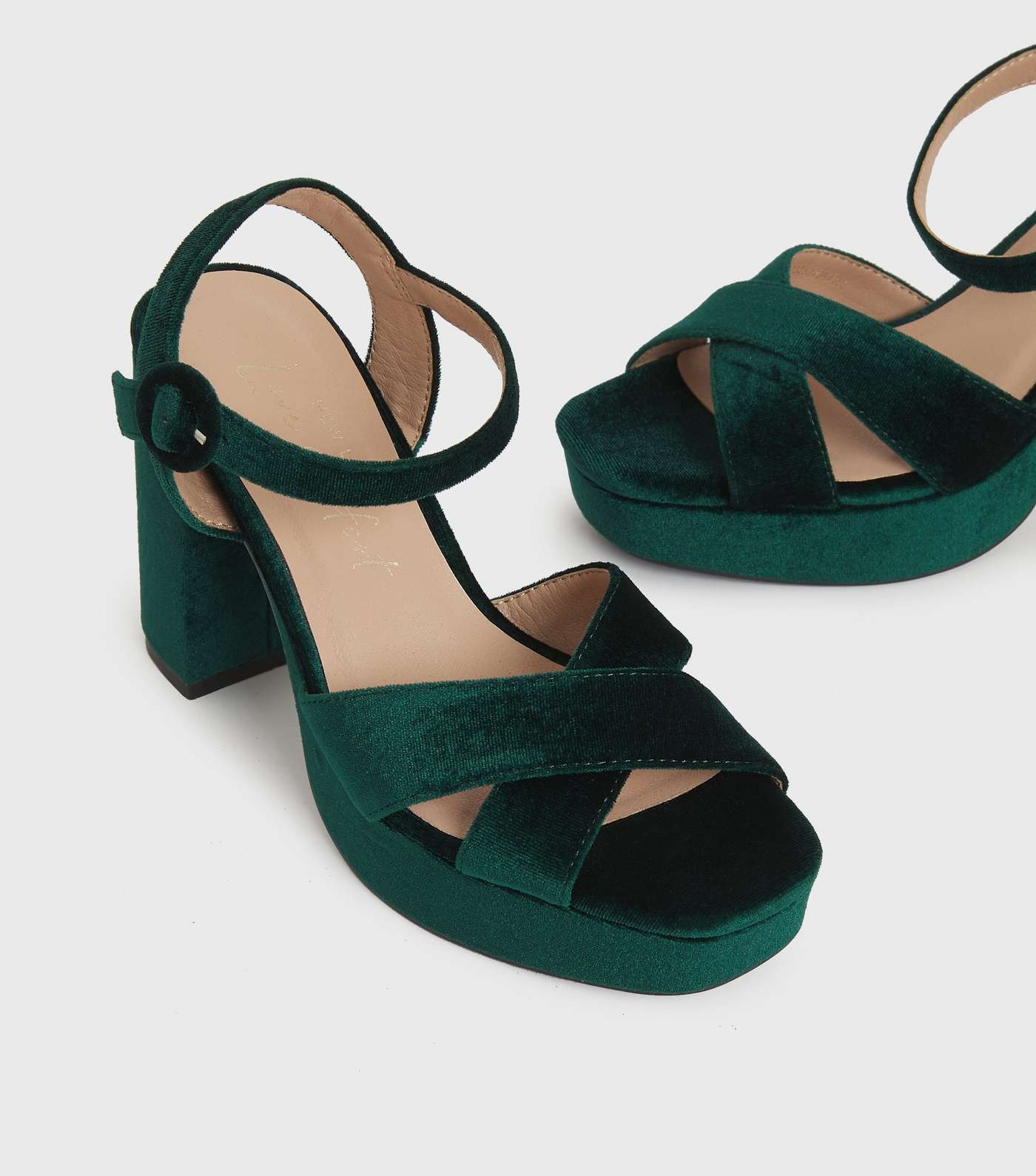 Dark Green Velvet Platform Block Heel Sandals Image 3