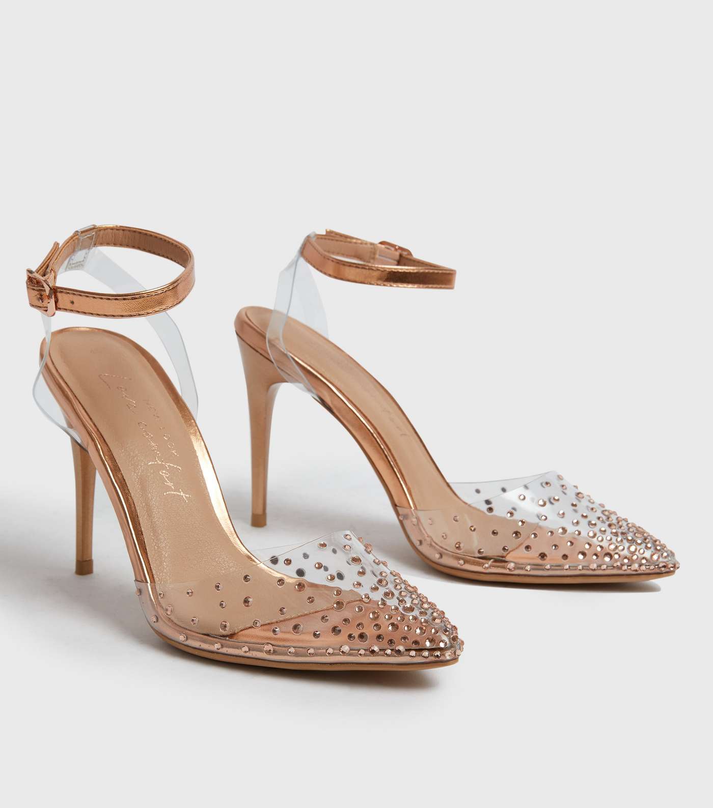 Rose Gold Metallic Diamanté Stiletto Heel Court Shoes Image 3