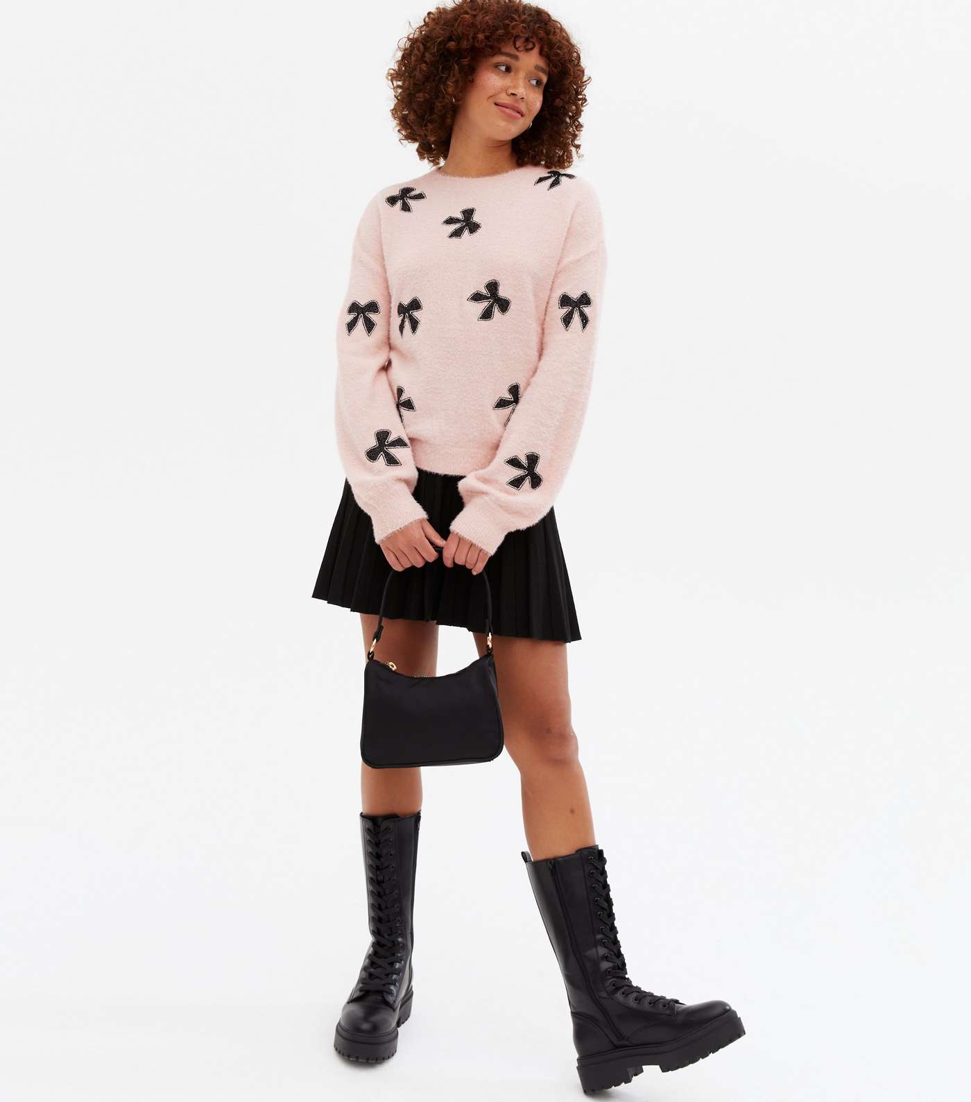 Pink Fluffy Knit Bow Sequin Jumper Image 2