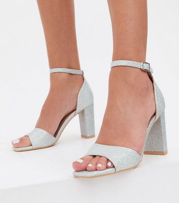 silver open toe block heel