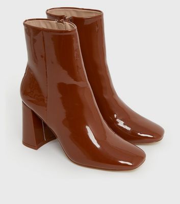 brown patent leather ankle boots