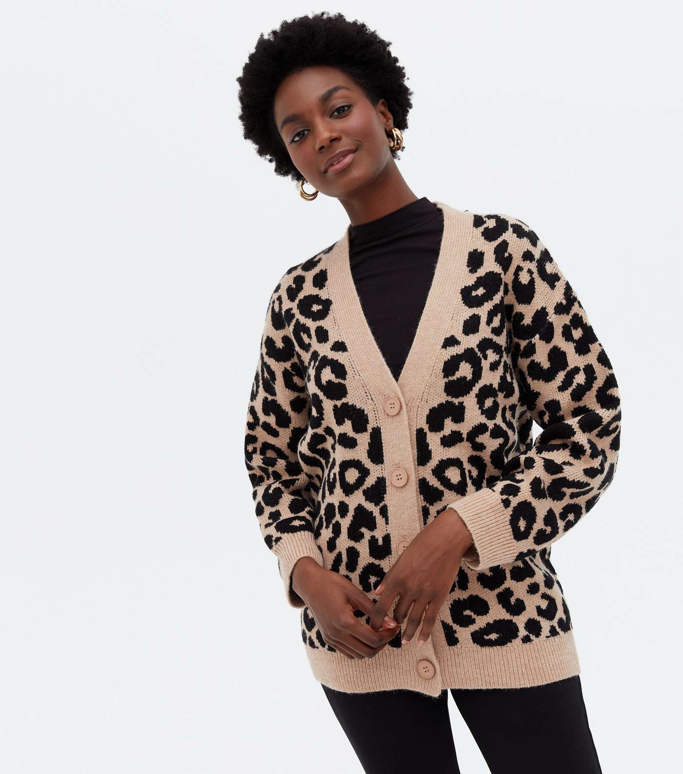 Stone Leopard Print Knit Button Oversized Cardigan