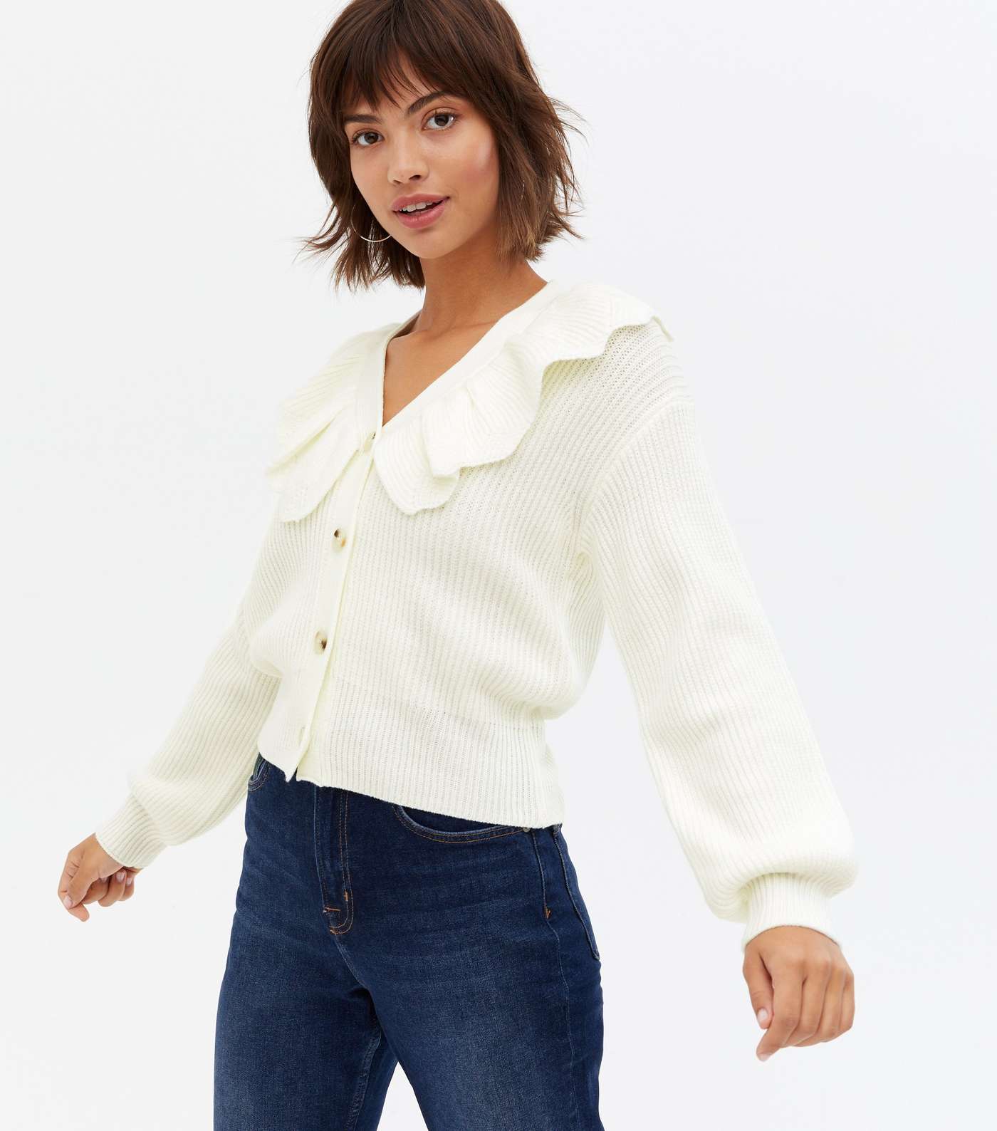 Off White Frill Collar Button Up Cardigan