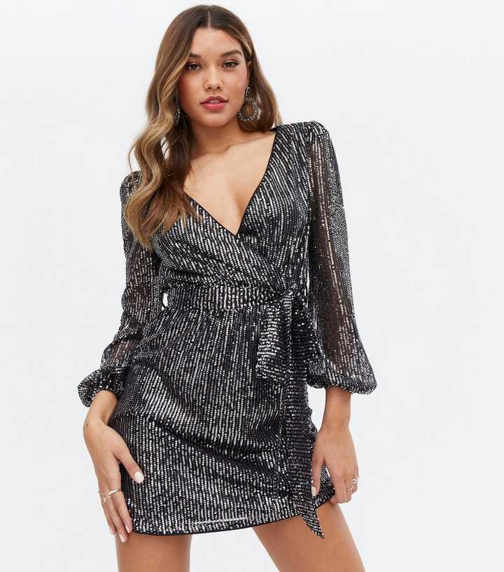 Little Mistress Black Sequin Belted Mini Wrap Dress | New Look