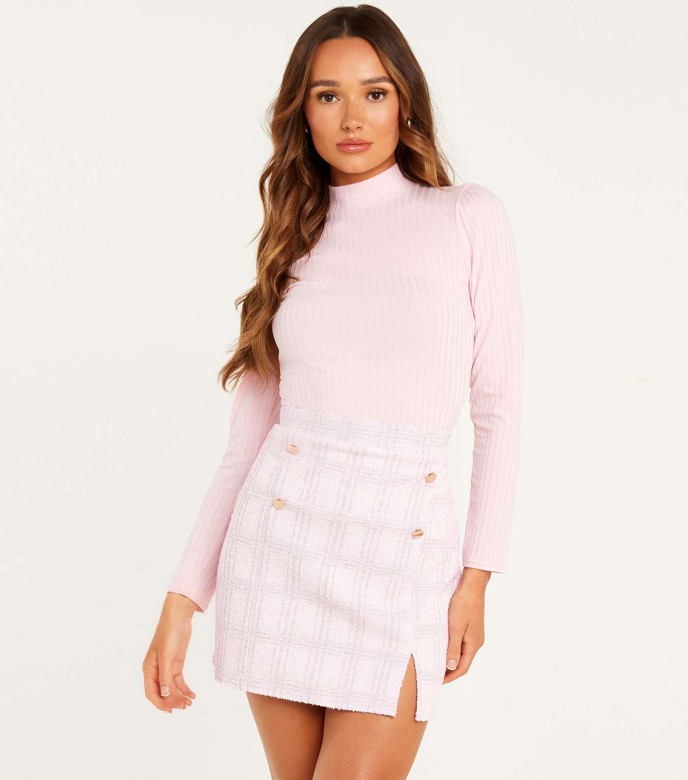 QUIZ Pink Ribbed Knit High Neck Top