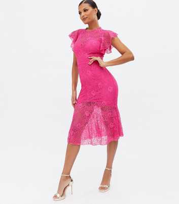 Little Mistress Bright Pink Lace High Neck Frill Midi Dress