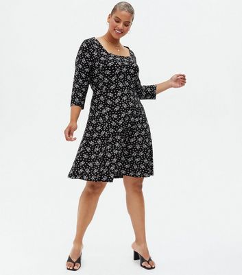 Blue Vanilla Curves Black Floral Square Neck Swing Dress New Look