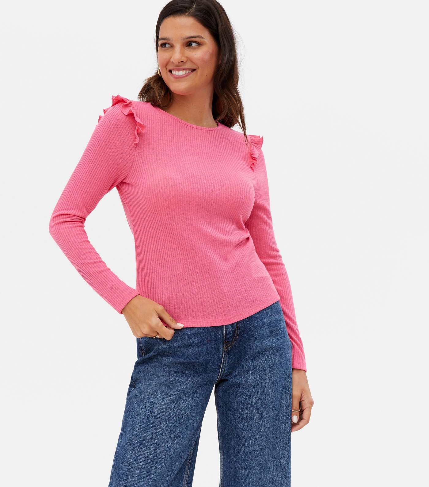 Pink Fine Knit Frill Long Sleeve Top