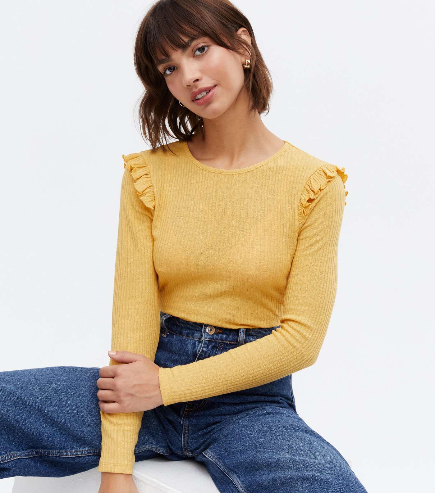 Yellow Fine Knit Frill Long Sleeve Top