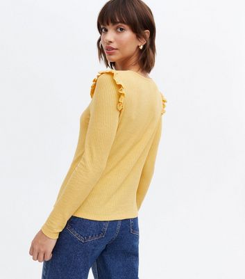 Yellow Fine Knit Frill Long Sleeve Top New Look