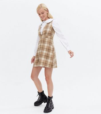 brown plaid pinafore dress