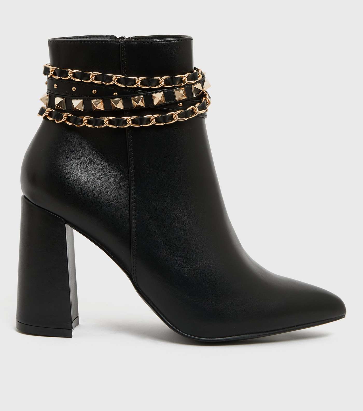Black Chain Pointed Block Heel Ankle Boots
