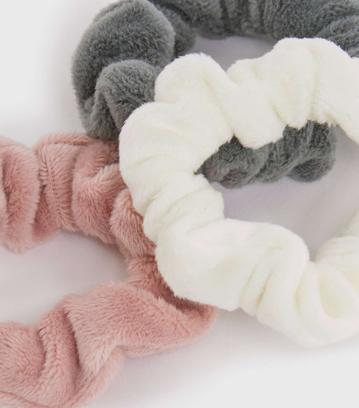 Girls Pink Grey and White Faux Fur Scrunchies Image 2