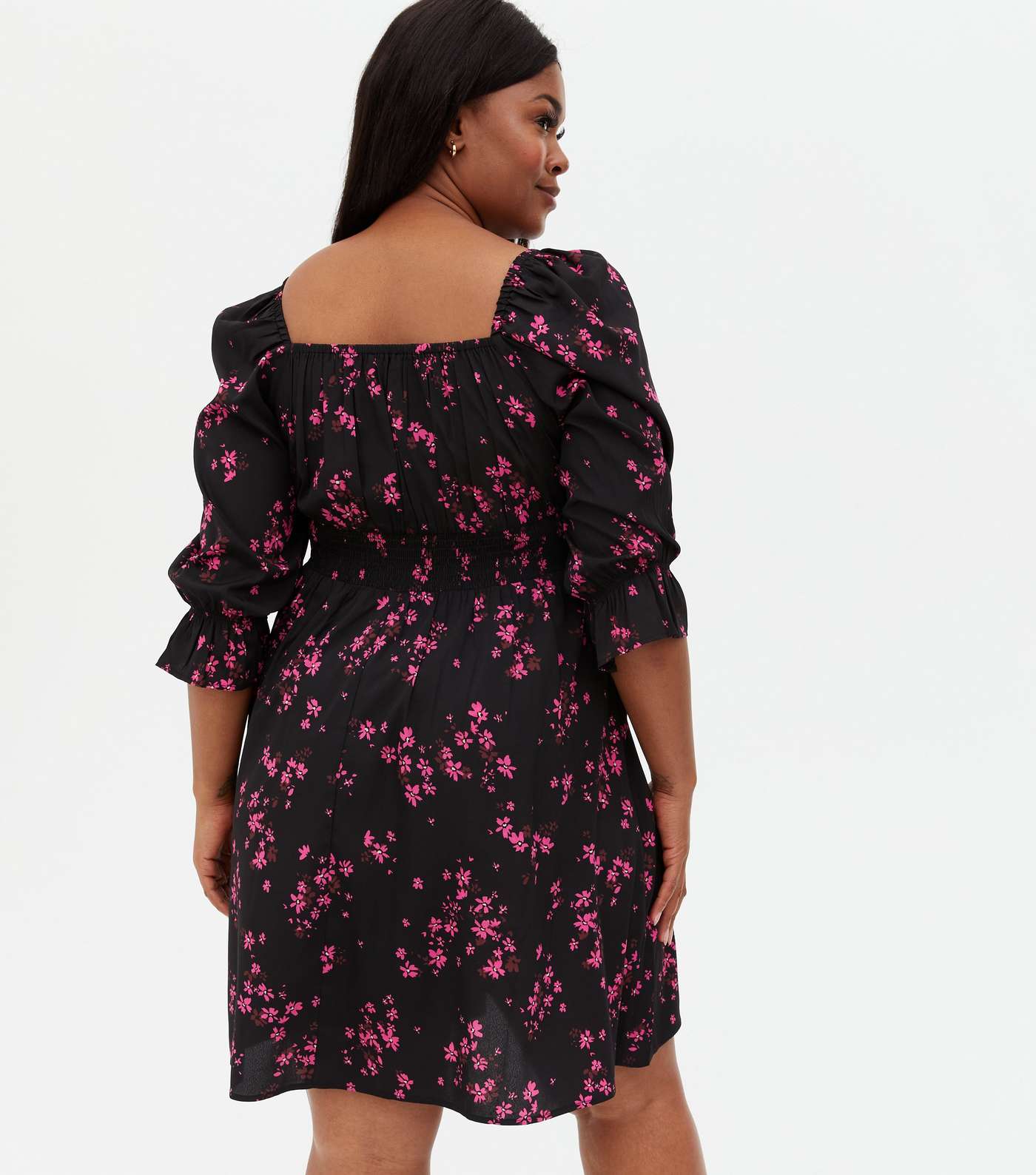 Curves Black Ditsy Floral Shirred V Neck Mini Dress Image 4