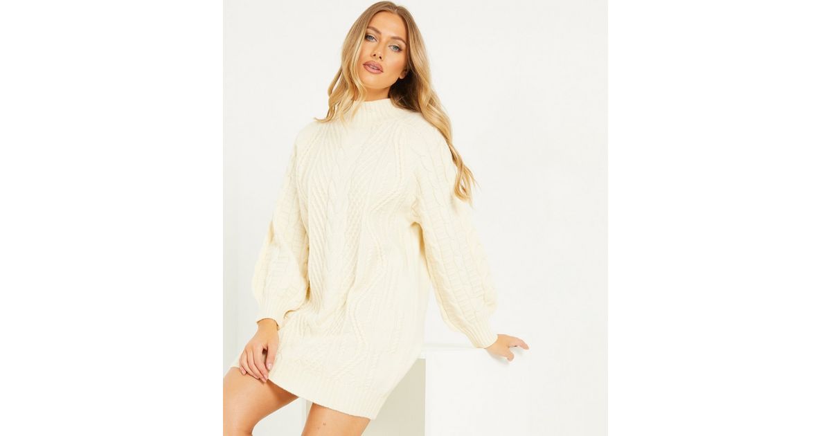 QUIZ Cream Cable Knit Jumper Dress New Look
