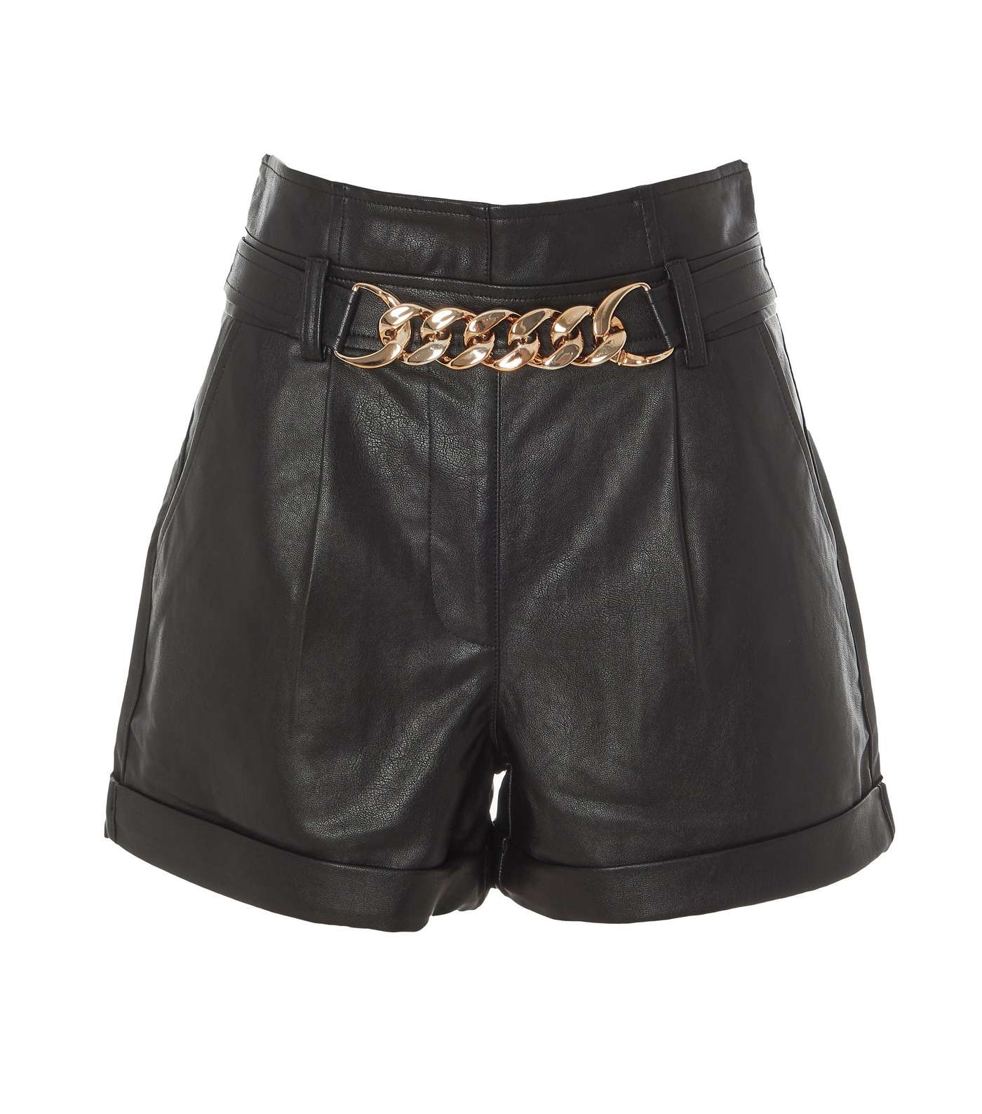 QUIZ Black Leather-Look Chain Belted Shorts Image 4