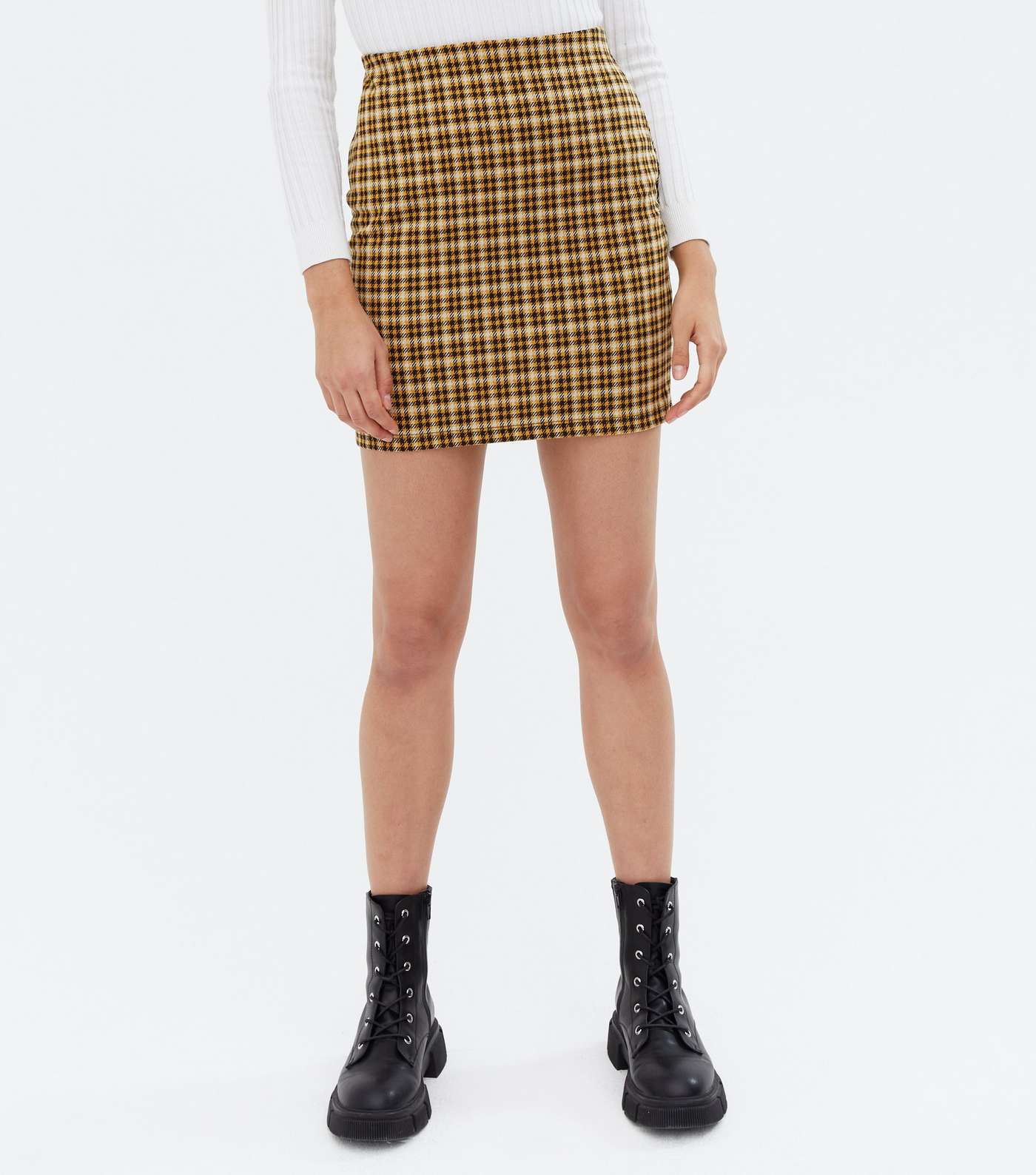 Mustard Check Jersey Mini Tube Skirt Image 3