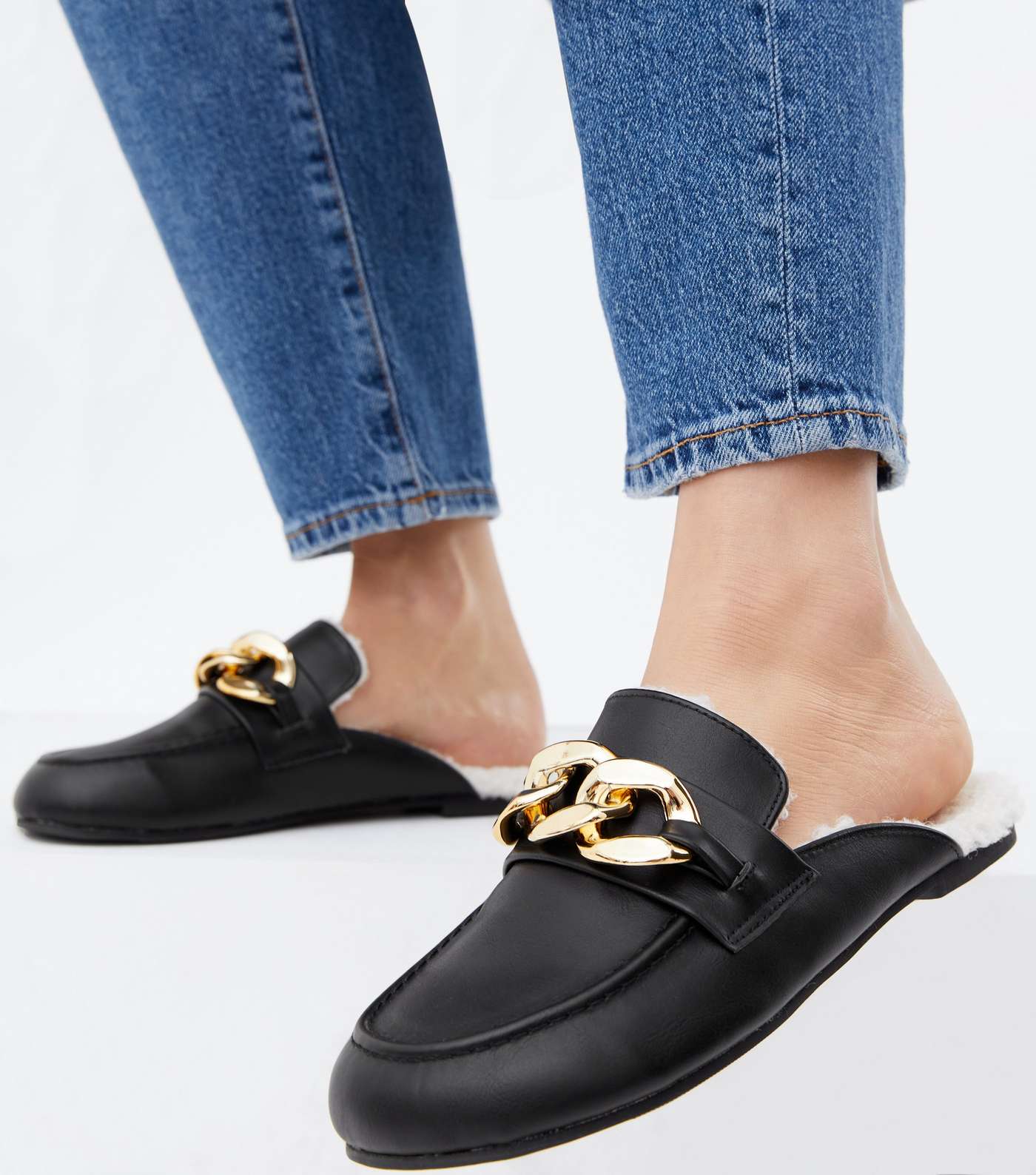 Black Teddy Lined Chain Mule Slippers