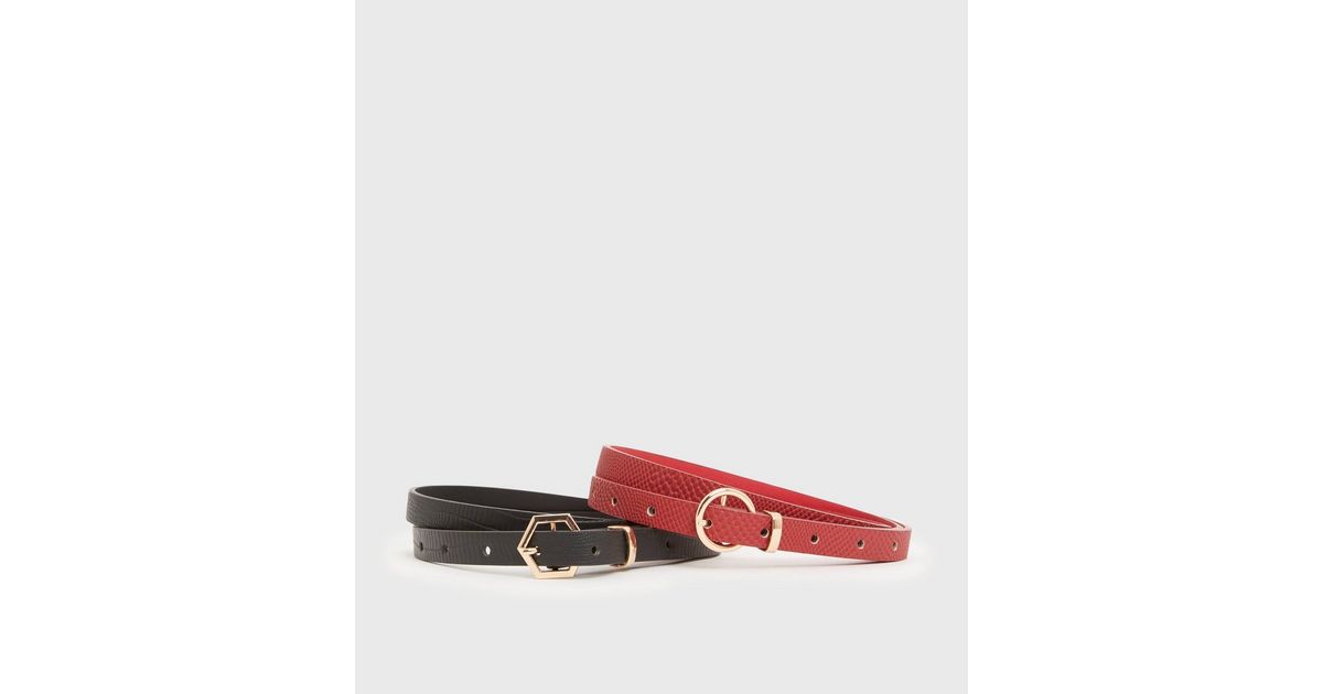 2 Pack Red and Black Faux Snake Skinny Belts | New Look