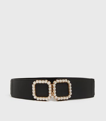 Black Faux Pearl Stretch Waist Belt 
