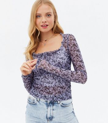 NA-KD Purple Leopard Print Mesh Frill Top | New Look