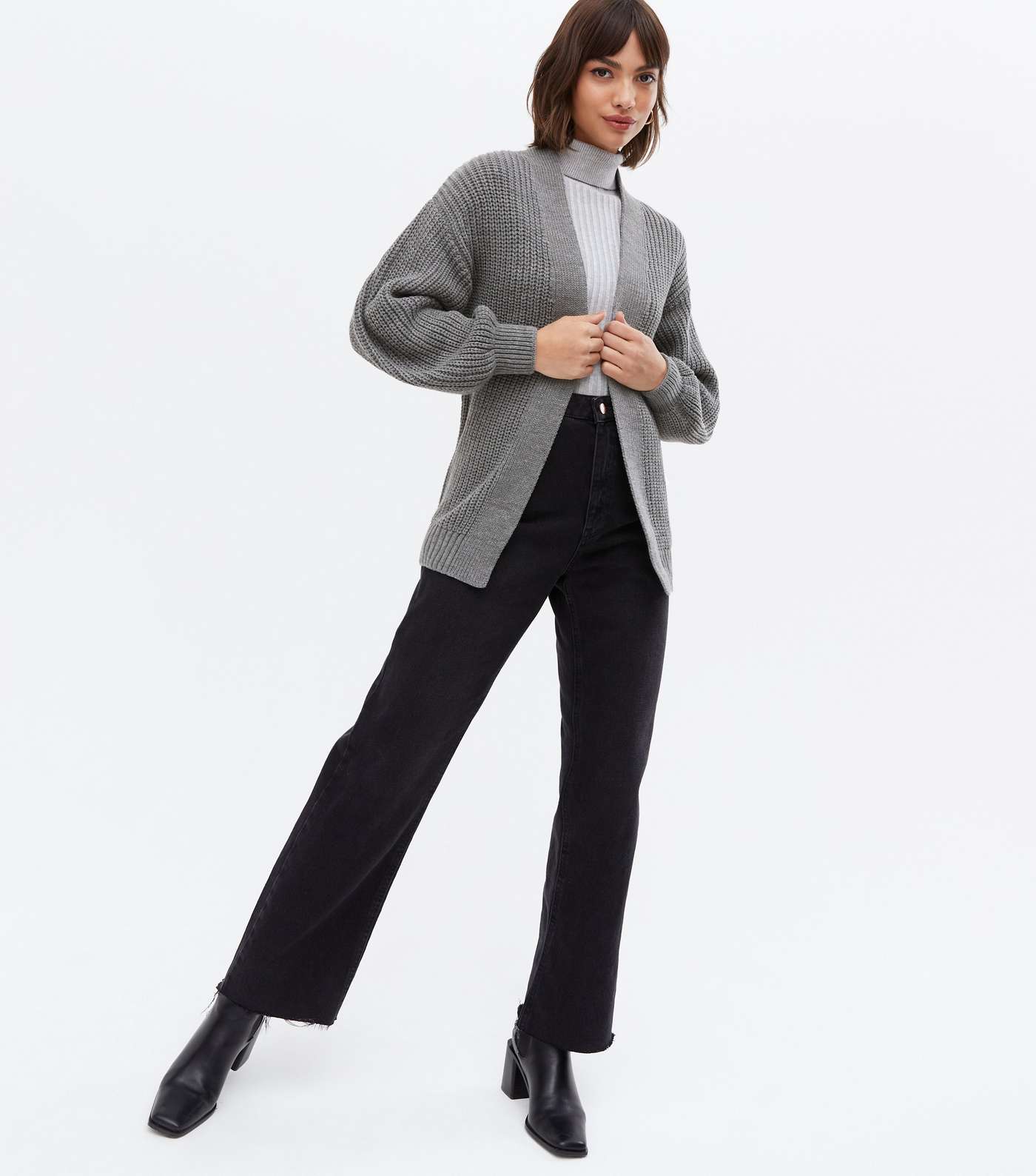 Grey Knit Puff Sleeve Cardigan Image 2